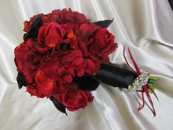 Real Touch Bridal Bouquet - Red and Black with Feather Accents