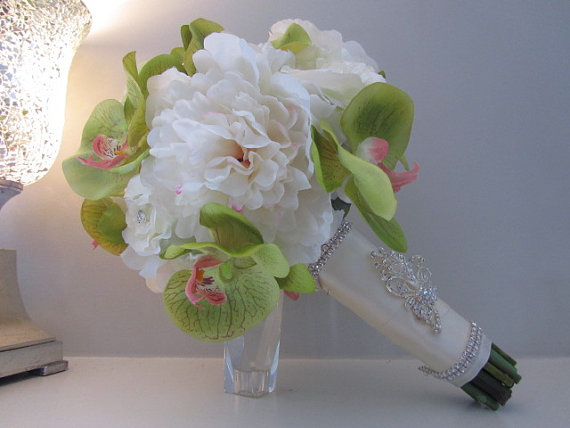 Real Touch Wedding Bouquet - Green Orchids and White Peonies and Roses