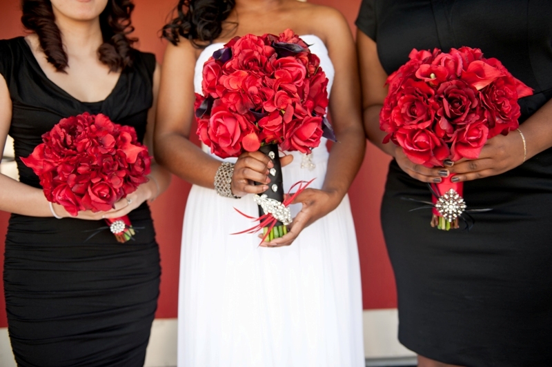 Real Touch Bridal Bouquet - Red and Black with Feather Accents
