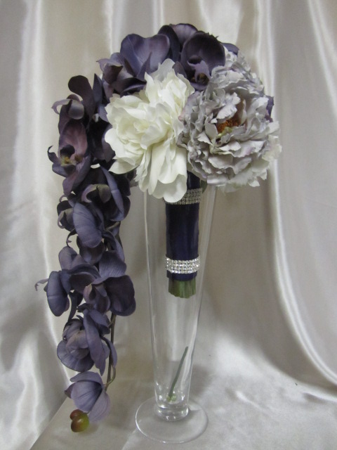 Real Touch Cascading Bridal Bouquet - White, Purple and Lavender Peonies and Orchids