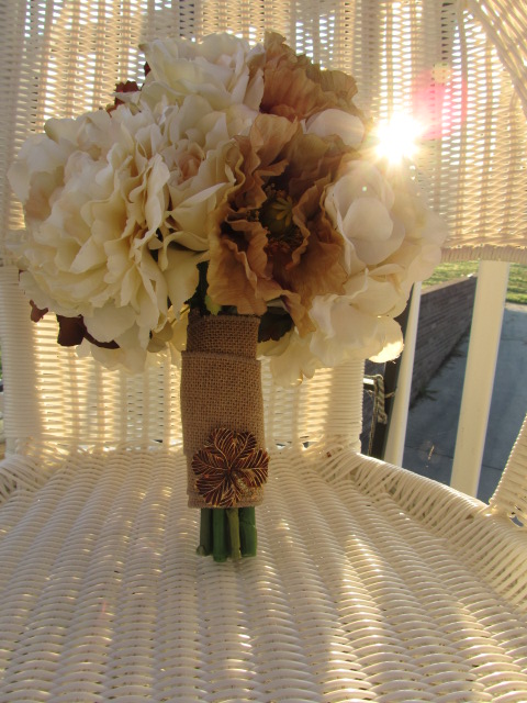 Silk Bridal Bouquet - Ivory, Chocolate and Taupe Roses, Ranunculus, Anemones, and Peonies wrapped in Burlap