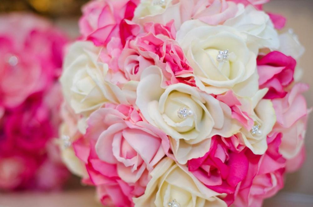 Real Touch Bridal Bouquet - Hot Pink, White, and Soft Pink with Rhinestone Accents