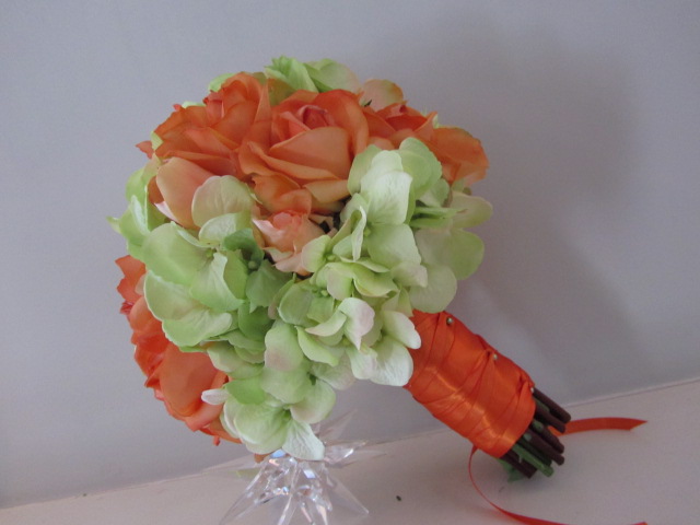 Real Touch Silk Bridal Bouquet - Orange and Green Roses and Hydrangea