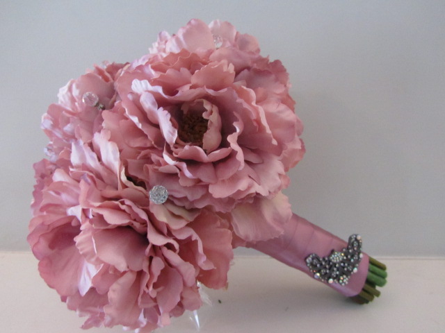 Silk Bridal Bouquet - Antique Rose Peonies with Rhinestones