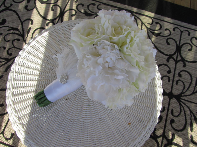 Real Touch Silk Bridal Bouquet - White Roses and Peonies with Feather and Rhinestone Accents