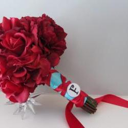 Real Touch Bridal Bouquet - Red and Aqua