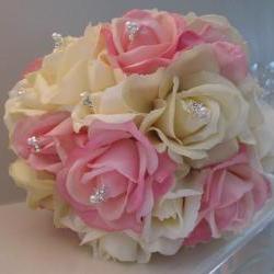 Real Touch Bridal Bouquet - Pink and Ivory Roses with Rhinestones