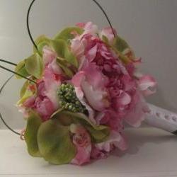 Silk Bridal Bouquet - Pink Peonies and Green Orchids