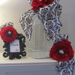 Wedding Birdcage Card Holder - Red Roses with Black and White Damask Ribbon