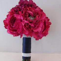 Silk Bridal Bouquet - Fuchsia Peonies and Ranunculus with Rhinestones