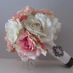 Real Touch Bridal Bouquet - Antique Rose and Ivory with Cameo Brooch