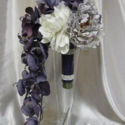 Real Touch Cascading Bridal Bouquet - White, Purple and Lavender Peonies and Orchids
