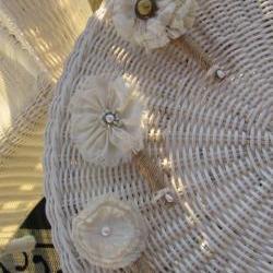 Shabby Chic Boutonniere Collection - Fabric Flowers wrapped in Burlap