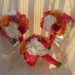 Real Touch Bridesmaid Bouquet - Orange, Fuchsia and White Calla Lilies, Roses and Peonies