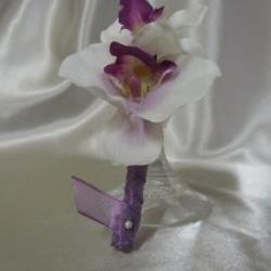 Groomsmen Boutonniere - White Orchid with Purple Center, wrapped in Purple Organza