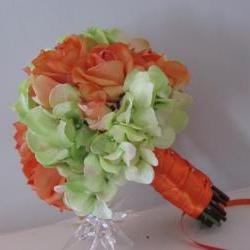 Real Touch Silk Bridal Bouquet - Orange and Green Roses and Hydrangea