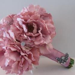 Silk Bridal Bouquet - Antique Rose Peonies with Rhinestones