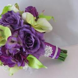 Real Touch Silk Bridal Bouquet - Purple and Green Orchids, Calla Lilies, Roses and Hydrangea with Rhinestone Accents