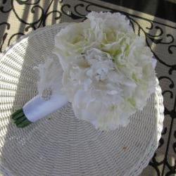 Real Touch Silk Bridal Bouquet - White Roses and Peonies with Feather and Rhinestone Accents